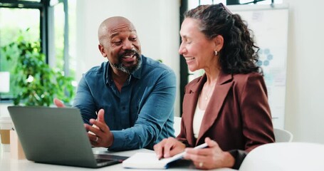 Laptop, meeting and high five with business people in office for feedback, team and branding approval. Advertising success, teaching and project target with employees in agency for online campaign
