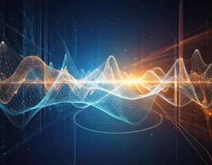Digital abstract composition showing light energy waves in blue, orange, and white hues