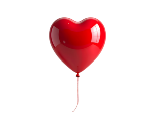 Glossy red heart-shaped balloon with a delicate string, floating, symbolizing love, romance, and celebration isolated on transparent background