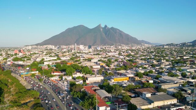 Beutiful View of Cerro de la Silla, symbol of Monterrey City  in Nuevo Le&oacute;n, Mexico  - Drone 4K