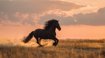 Black Friesian stallion in full gallop at sunset over a golden meadow