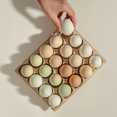 Aesthetic Easter Eggs in carton box, one in woman hand, at natural daylight, minimal style...