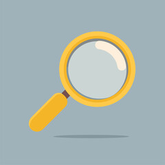 Magnifying glass golden frame flat design on gray background for search and discovery