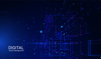 Abstract geometric background of big data space, with grid of square shapes and glowing connection dots. Network infrastructure, data centers, cloud storage mapping, digital communication frameworks
