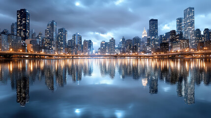 Obraz premium Night skyline reflections over river with moody clouds and city lights