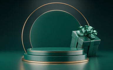 A gift box with  ribbon and bow on green background for a special occasion,in 3D rendring, christmas present and new year gift
