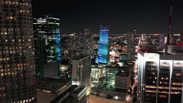 Drone shot of skyscrapers at night in Brickell, Miami