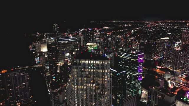 Drone shot of skyscrapers at night in Brickell, Miami