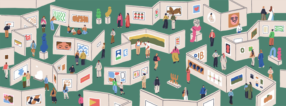 Gallery exhibition, tiny people walking and looking at contemporary art display. Visitors modern museum space with abstract artworks on walls. Biennale hall, artistic fair. Flat vector illustration
