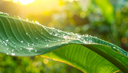 Macro view of large green leaf with water droplets in bright sunlight raindrops