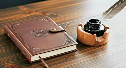 Vintage Brown Leather Journal with Inkwell on Dark Wood Desk