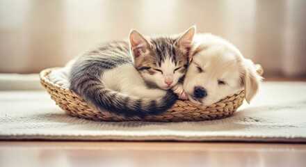 Puppy and Kitten Sleeping Together in Peaceful Harmony