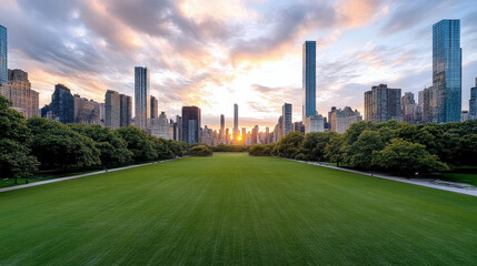 Lush green lawn sunrise over city skyline with glowing sky