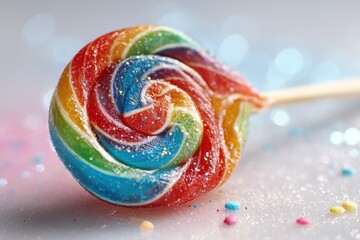Bright candy treat: multi-colored lollipop resting on a light surface