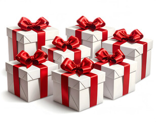 Obraz premium An array of pristine white gift boxes adorned with vibrant red ribbons and elegant bows for festive occasions. isolated on a transparent background