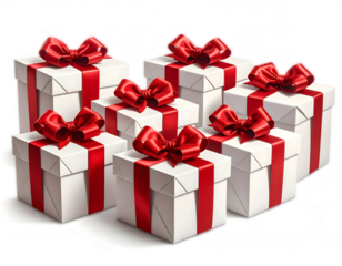 An array of pristine white gift boxes adorned with vibrant red ribbons and elegant bows for festive occasions. isolated on a transparent background