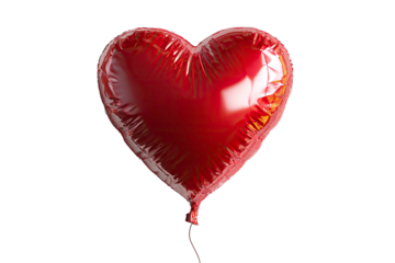 Single vivid red heart shaped balloon with a shiny surface and string floating isolated on transparent background