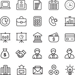 Collection of Business and Finance Line Icons on White Background laptop document