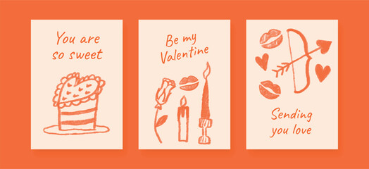 Set of Happy Valentines Day cards with crayon doodle cake, rose, candles, hearts, lips and Cupid arrow on orange background. Cute romantic greeting cards, posters and invitations.