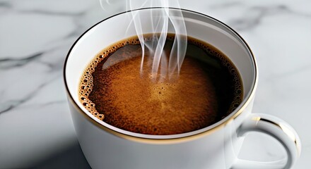 Closeup of Fresh Espresso in Gold-Rimmed White Mug on Marble