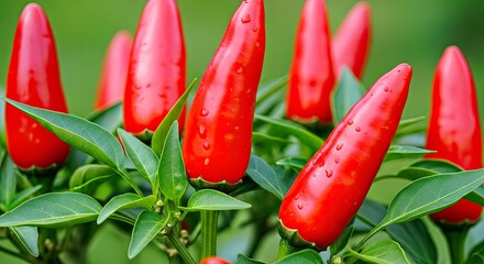 Closeup of Glossy Red Chili Peppers with Fresh Green Leaves