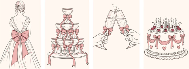 Elegant hand-drawn illustration set for wedding celebrations, featuring a bride's gown with a delicate pink bow, a luxurious tiered cake, and festive clinking champagne glasses, all conveying romance 