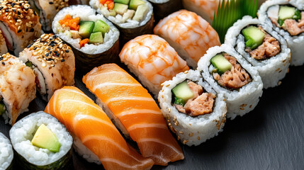 Fresh sushi assortment with salmon nigiri, shrimp and assorted maki rolls, appetizing and vibrant