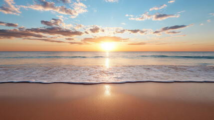 Fototapeta premium Peaceful shimmering waves at sunset warm golden beach horizon glow