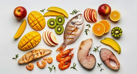 Colorful Sliced Fruit and Fish Arrangement on White Background