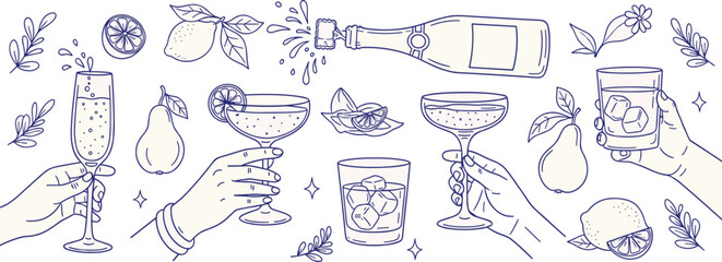 Hand drawn elegant cocktail and drink illustrations collection featuring various glassware, champagne bottle, citrus fruits, and hands holding beverages, perfect for menu designs, party invites, or ce