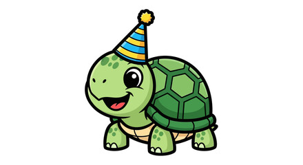 Cheerful cartoon turtle wearing a birthday hat for celebrations and party designs