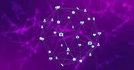 Turquoise spherical network reacting to purple pulse, rotating and revealing health connections - Powered by Adobe
