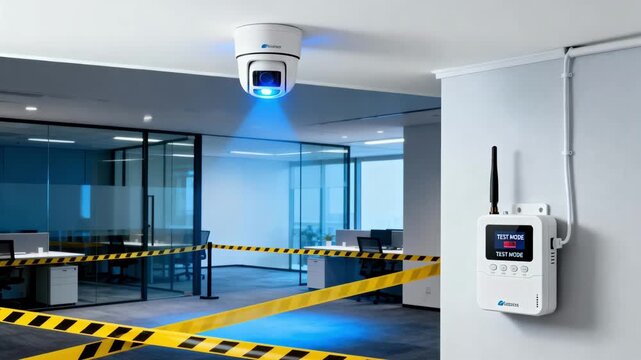 Motion detection sensor being tested indoors as part of a wireless integrated security alarm ensuring responsive alert for movement in restricted areas.