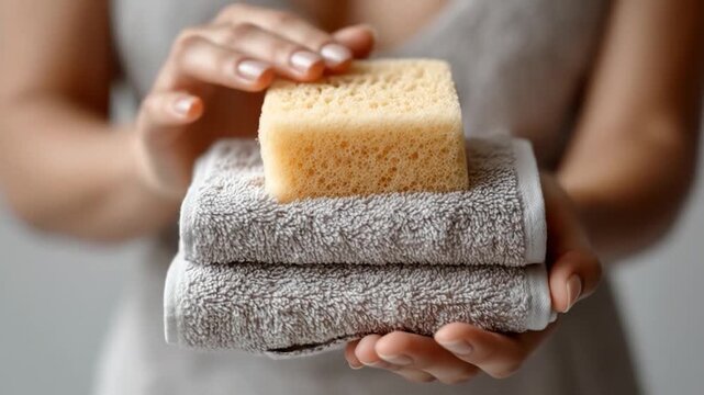 A person holds a yellow sponge over stacked, fluffy gray towels. Selective focus