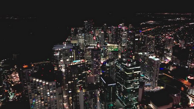 Drone shot of skyscrapers at night in Brickell, Miami