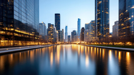 Naklejka premium City skyline along river at dusk with reflective water and lit skyscraper windows