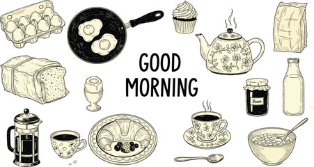 Good morning breakfast elements hand-drawn sketch set with fried eggs, bread, coffee, tea, jam, and sweets, depicting a cozy morning meal collection on a light background