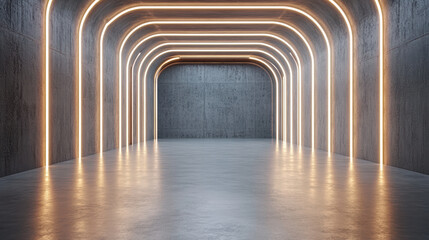 Glowing arched corridor with warm neon lights and concrete walls creating moody depth