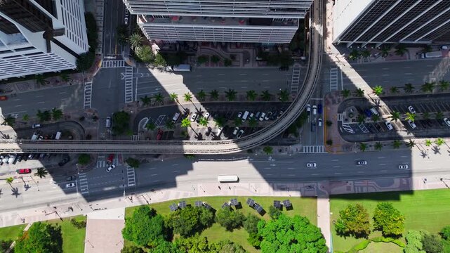 Top-down drone shot of traffic in Downtown Miami during daytime