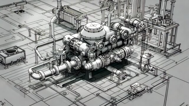 Detailed black and white technical drawing of a mechanical machine system with complex pipe structures