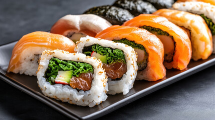 Fresh sushi roll with salmon, rice, avocado and greens, appetizing vibrant plating