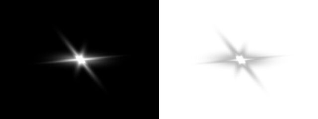 White glowing star flare with bright light beams on black and transparent backgrounds.