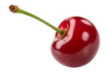 Single ripe cherry with stem isolated on transparent background