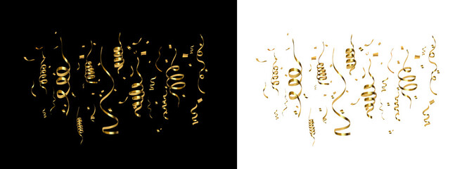 Golden shiny party streamers and confetti on black background with two variations.
