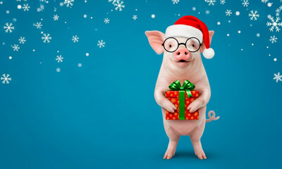 A funny piglet in glasses and a Santa Claus hat stands tall, holding a Christmas present, on a blue background with snowflakes