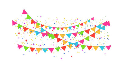Colorful party bunting with white glowing particles and festive abstract decoration on transparent background.