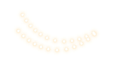 Glowing string lights with sparkling warm bulbs and festive decorative garlands on transparent background.