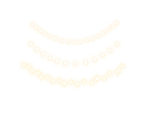 Glowing string lights with sparkling warm bulbs and festive decorative garlands on transparent background.