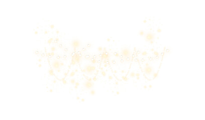 Glowing string lights with sparkling warm bulbs and festive decorative garlands on transparent background.