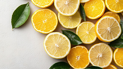 Fresh lemon and orange halves with green leaf accents bright citrus arrangement